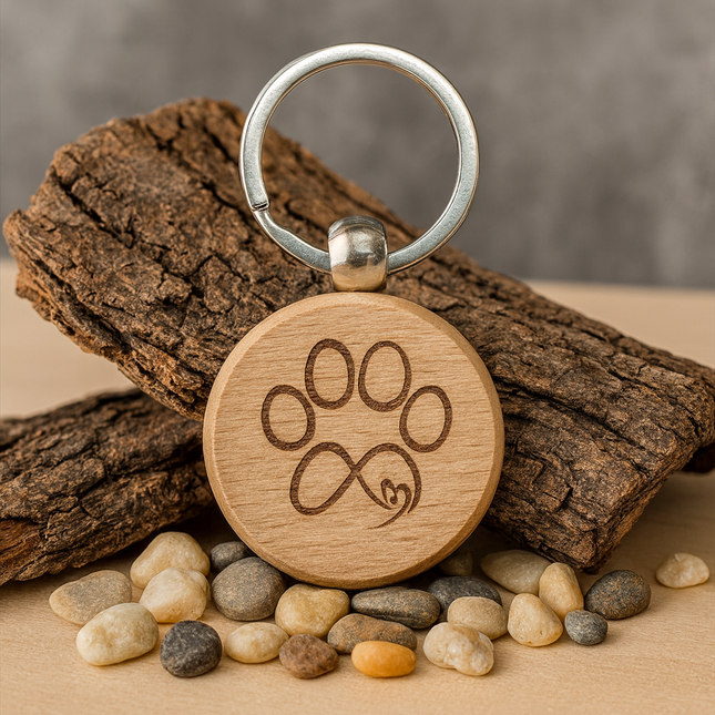 Schlüsselanhänger aus Holz – Pfote & Unendlichkeitssymbol (Personalisierbar)